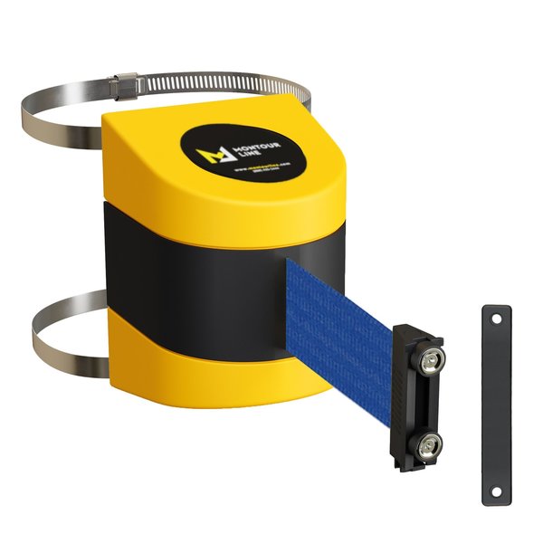 Montour Line Retractable Belt Barrier YW Clamped Wall Mount, 13' Dk Blu Belt (M) WMX140-YW-DBL-C-M-130